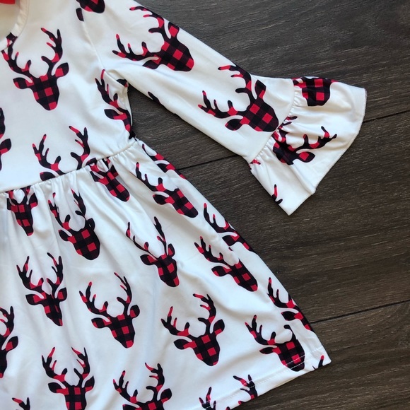 Boutique Toddler Girl Buffalo Plaid Deer Dress - Picture 2 of 2